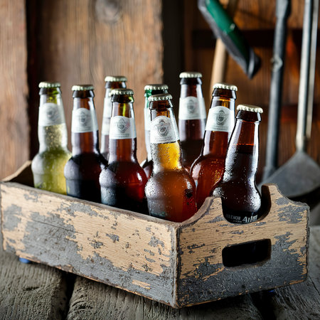 Beer in bottles on a wooden tray. On a rustic background.の素材