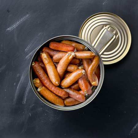 Canned sprats in a tin can. On the black chalkboard.の素材