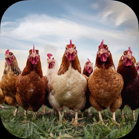 chickens standing on ground looking to cameraの素材