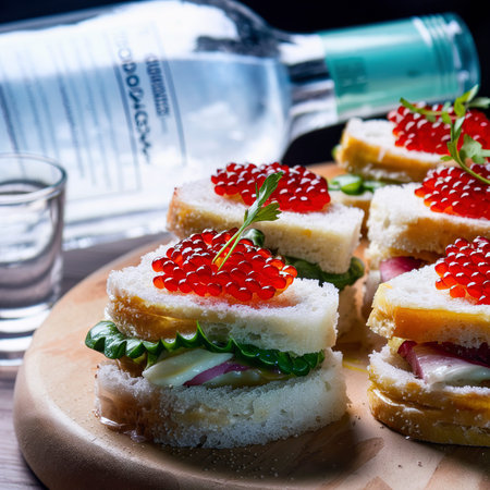 Sandwiches with red caviar and vodka on a tray. On wooden background.の素材