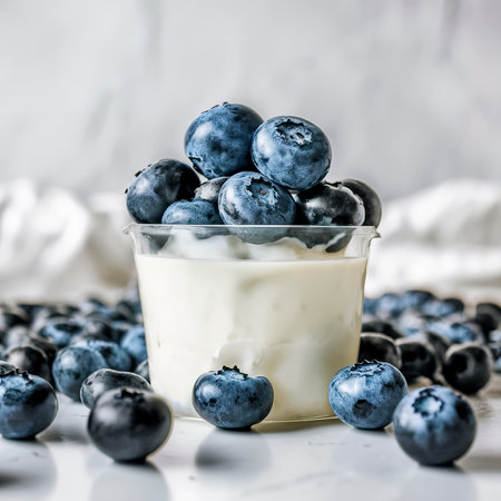Healthy fresh blueberry yogurt isolated on a white background. Fruit vitamins for healthの素材