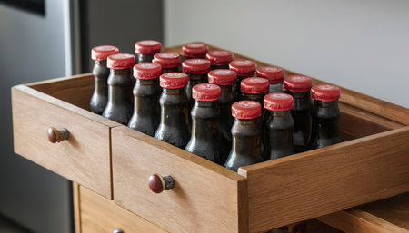 Beer bottle and their caps on a wooden drawer in the kitchenの素材