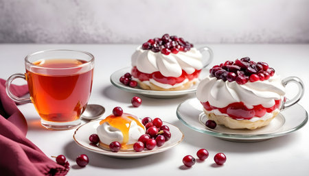 Cup of tea served with pavlova dessertの素材