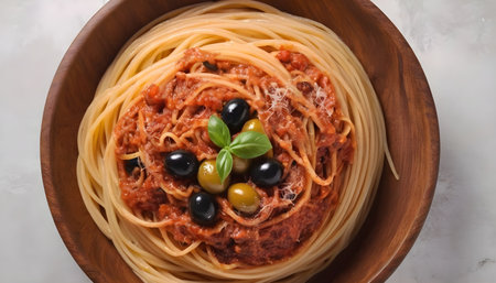 Classic Italian Spaghetti anchovy pasta in ceramic plateの素材