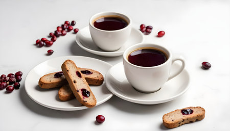 Cup of espresso coffee served with cranberry cookies and cranberry jam over white backgroundの素材