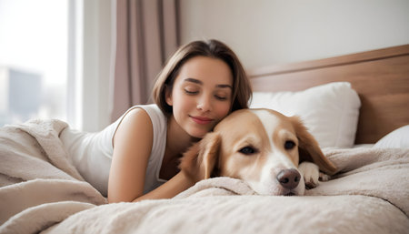 Girl and dog sleep together. Girl hugs a dog. Home pet. Loveの素材