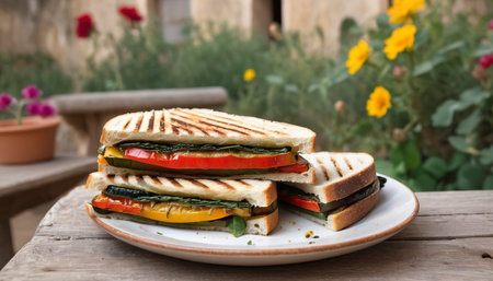 vegan roasted vegetable toasted panini sandwich in rustic garden table setting outdoors in sicilyの素材