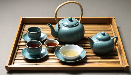Asian tea set on bamboo trayの素材