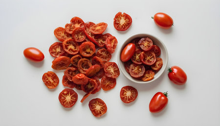 dried tomatoes and fresh tomatoes on a light tableの素材