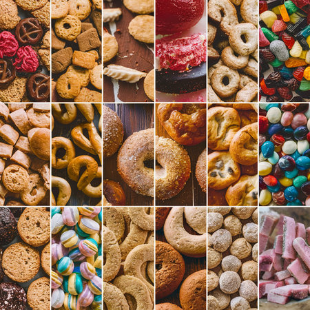 A collage of many pictures with various sweets close-up. A set of images with varieties of biscuits, bagels and candiesの素材