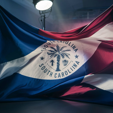 South Carolina US state flag with big folds waving close up under the studio light indoorsの素材