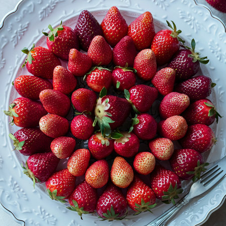 top view arranged fresh strawberriesの素材