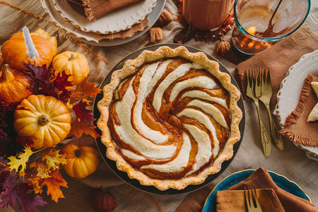 Pumpkin cheesecake swirl pie, fall or Thanksgiving dessert ideaの素材