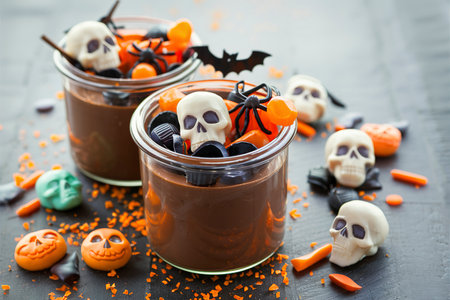 Pumpkin chocolate puddings in glass jars decorated with candies for Halloweenの素材