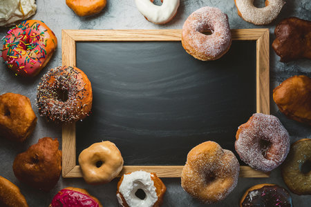 Variety of colorful old fashioned fried gourmet donuts around a chalkboard with copy spaceの素材