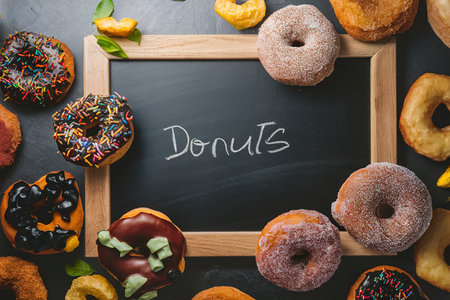 Variety of colorful old fashioned fried gourmet donuts around a chalkboard with copy spaceの素材