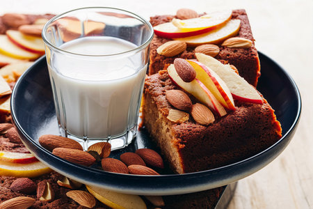 Rye cake with apples and almonds with milkの素材