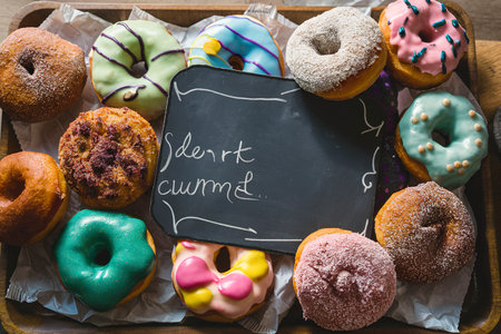 Variety of colorful old fashioned fried gourmet donuts around a chalkboard with copy spaceの素材