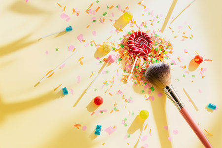 Makeup brush with bright sweets and confetti on a yellow backgroundの素材