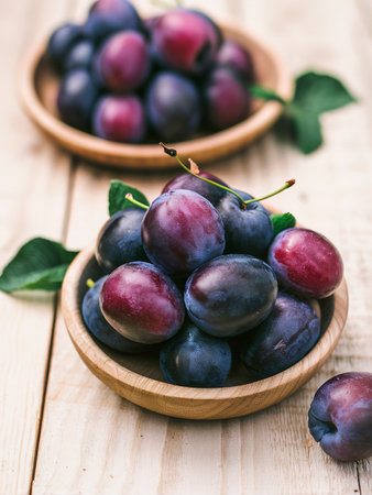 Fresh purple plums in a bowl on the wooden backgroundの素材