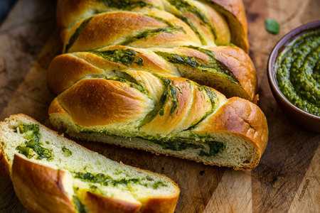 Homemade braided basil pesto bread sliced on a cutting boardの素材