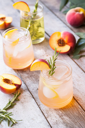 Peach and rosemary fizz cocktail on a wooden background.の素材