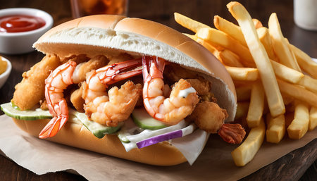 Po boy sandwich with fried shrimp and friesの素材