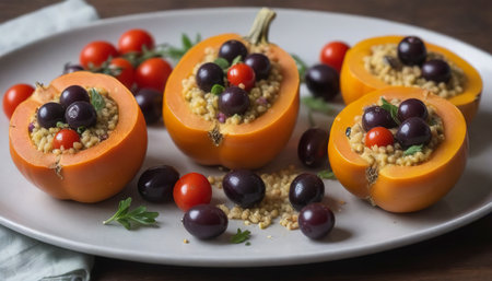 Vegan stuffed squash with millet, tomatoes and olivesの素材