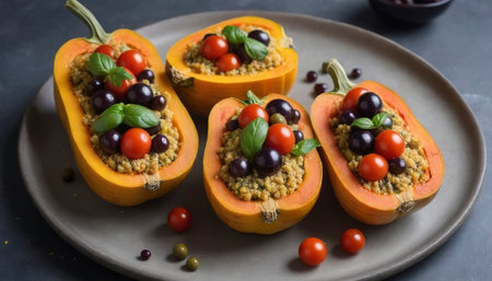 Vegan stuffed squash with millet, tomatoes and olivesの素材