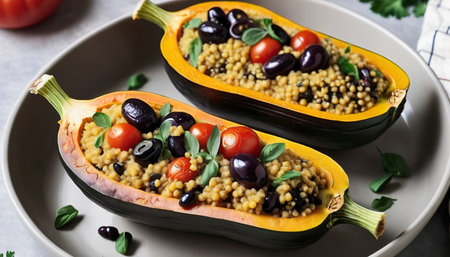 Vegan stuffed squash with millet, tomatoes and olivesの素材