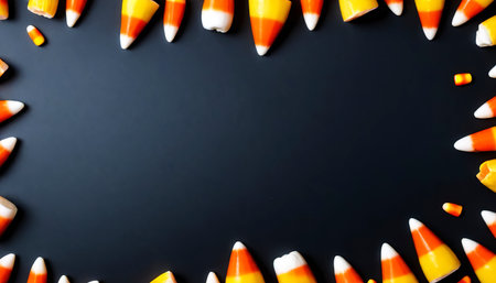 Candy corn Halloween background overhead shot with copy spaceの素材