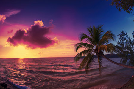 Beautiful sunset over the sea on tropical beach with palm tree and colorful skyの素材