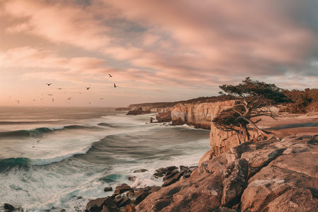 cliffside view of the water belowの素材