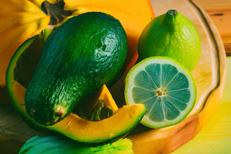 Avocado pumpkin green lemon on wood backgroundの素材