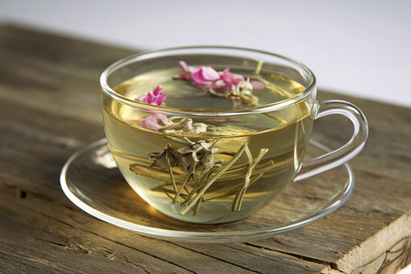 A photo of a transparent cup filled with herbal teaの写真素材