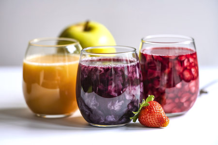 A photo of three glasses of fruit juiceの写真素材
