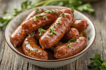 A photo of a bowl filled with sausagesの写真素材