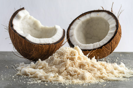 A photo of a freshly cracked open coconutの写真素材