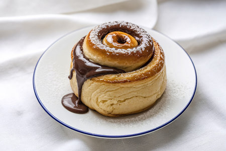 A photo of a sweet roll with chocolate cream.の写真素材