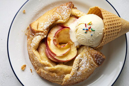 A photo of an apple strudel with a scoop of vanilla ice creamの写真素材