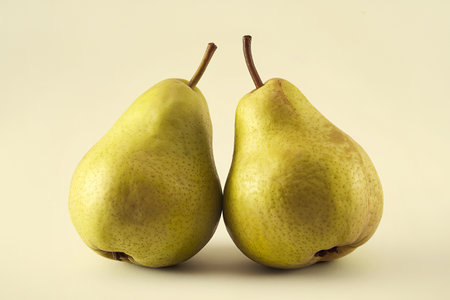 A photo of two green ripe pearsの写真素材