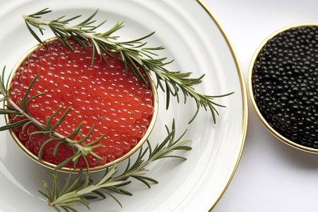 A white background with a bowl filled with bright black and red caviarの写真素材