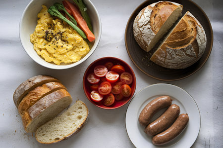 A photo of scrambled eggs with vegetables, sliced cherry tomatoes, bread, and sausagesの写真素材