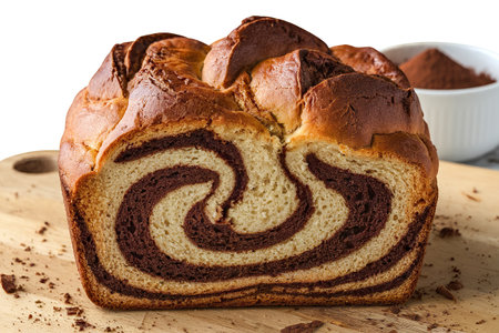 A photo of a beautifully baked loaf of bread with a swirled chocolate filling.の写真素材