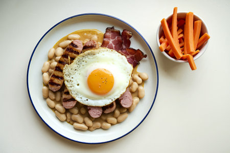 A photo of a plate with a fried egg on top of sausages and baconの写真素材