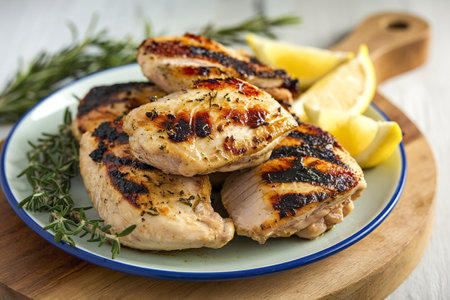 A photo of grilled chunks of chicken on a plateの写真素材