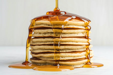 A photo of golden syrup or honey pouring over stacks of pancakesの写真素材