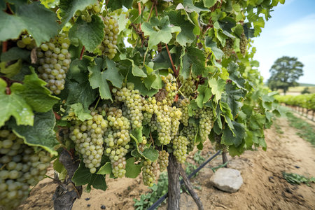 A photo of a tree laden with fresh green grapes in a farm settingの写真素材