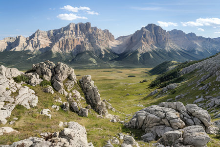 A photo of a breathtaking landscape dominated by towering rocky mountainsの写真素材
