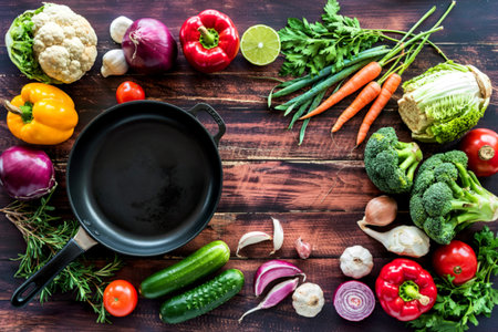 empty black cast-iron frying pan and fresh vegetables on a brownish wooden tableの写真素材